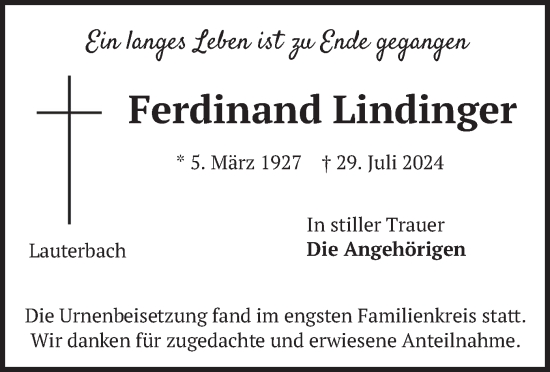 Traueranzeige von Ferdinand Lindinger von merkurtz