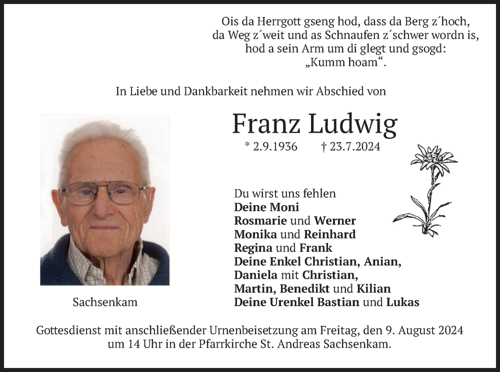  Traueranzeige für Franz Ludwig vom 03.08.2024 aus merkurtz