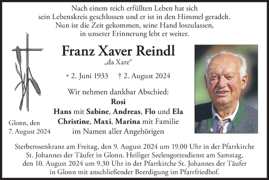 Traueranzeige von Franz Xaver Reindl von merkurtz