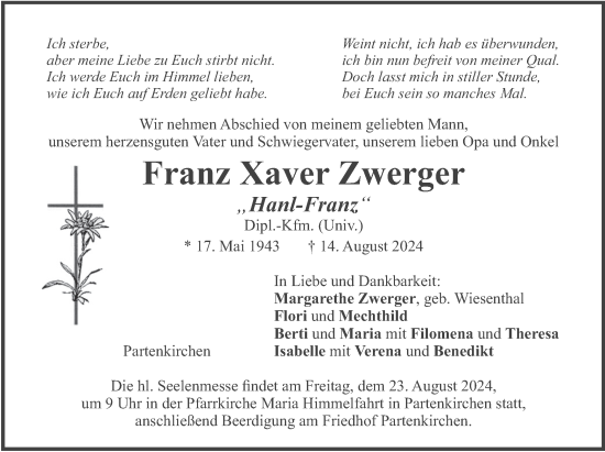 Traueranzeige von Franz Xaver Zwerger von merkurtz