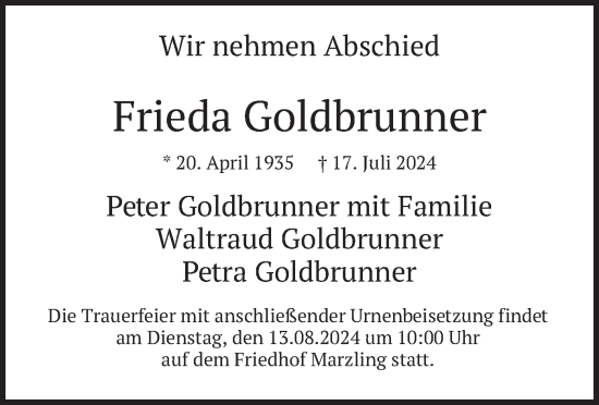 Traueranzeige von Frieda Goldbrunner von merkurtz