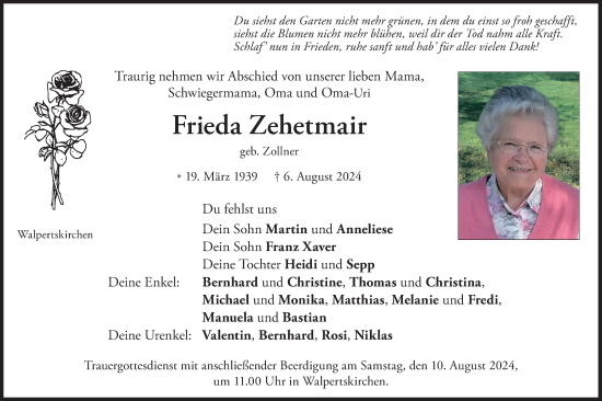 Traueranzeige von Frieda Zehetmair von merkurtz