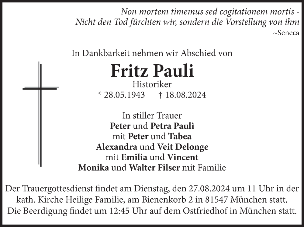  Traueranzeige für Fritz Pauli vom 24.08.2024 aus merkurtz