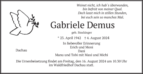 Traueranzeige von Gabriele Demus von merkurtz