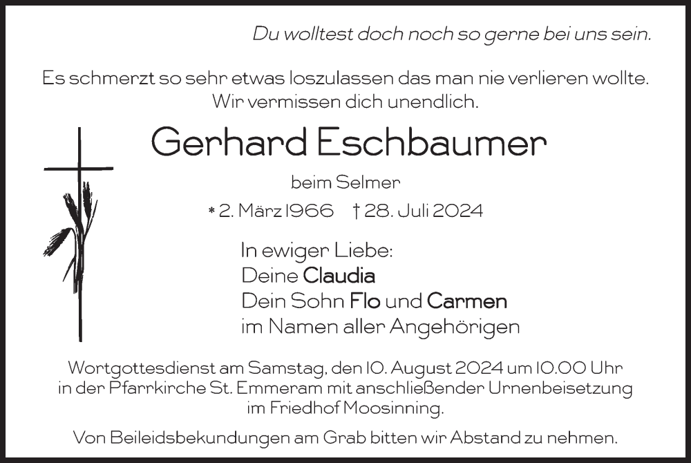  Traueranzeige für Gerhard Eschbaumer vom 03.08.2024 aus merkurtz