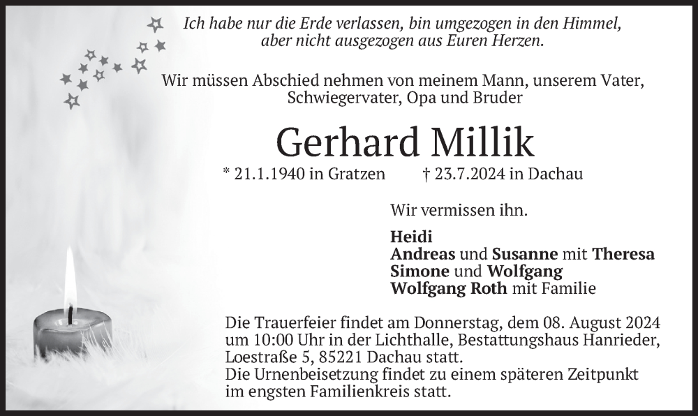  Traueranzeige für Gerhard Millik vom 03.08.2024 aus merkurtz