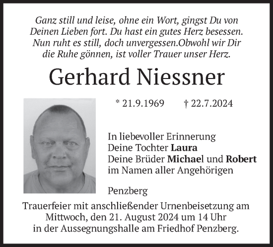 Traueranzeige von Gerhard Niessner von merkurtz