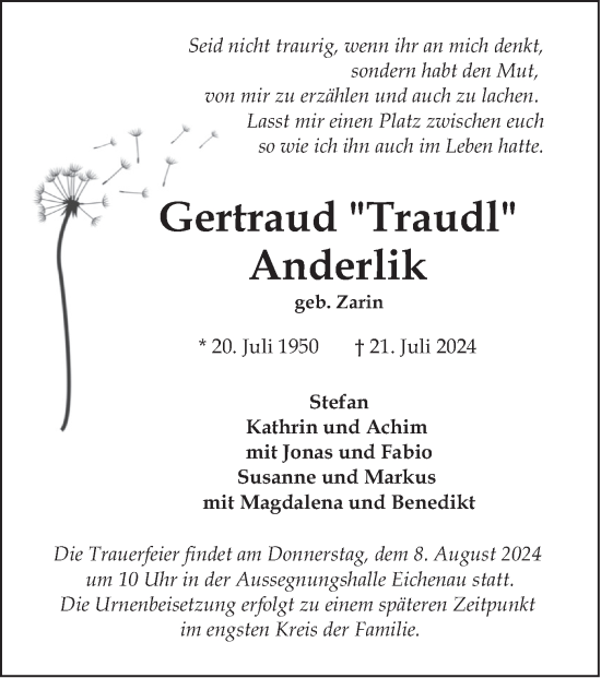 Traueranzeige von Gertraud Anderlik von merkurtz