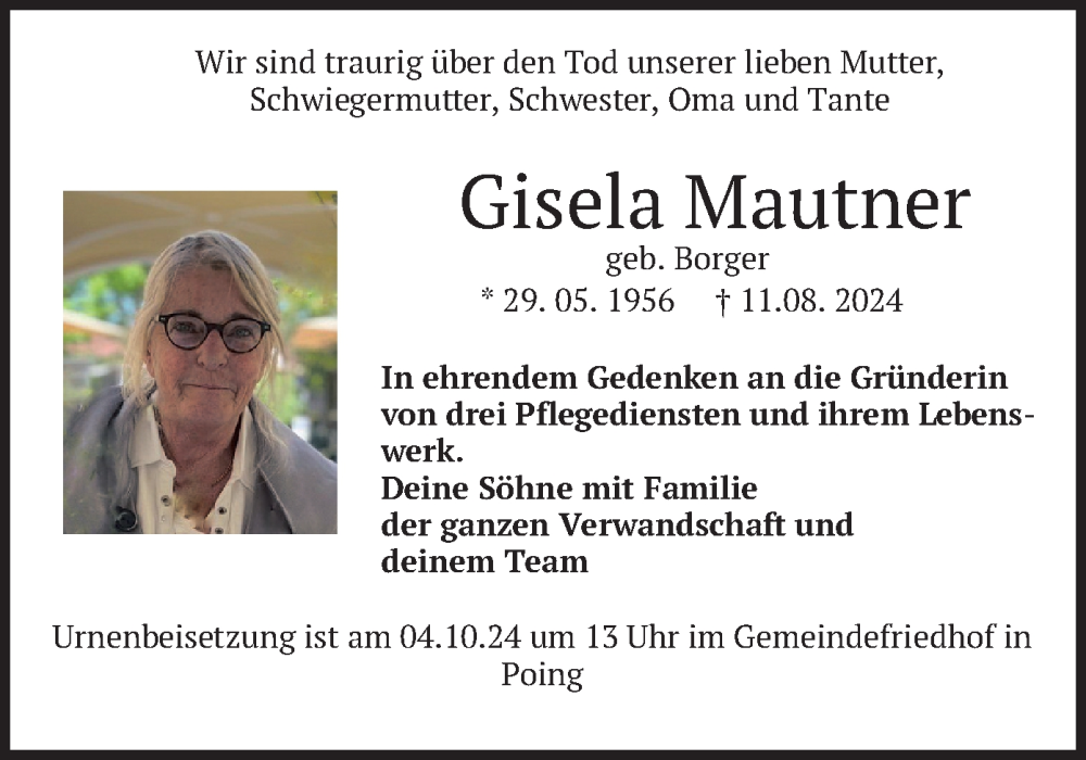  Traueranzeige für Gisela Mautner vom 17.08.2024 aus merkurtz