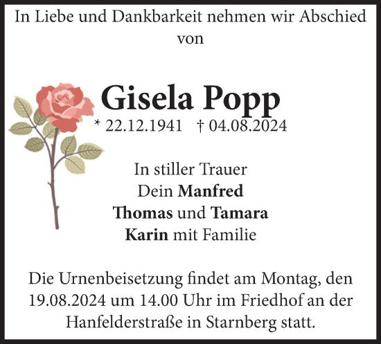 Traueranzeige von Gisela Popp von merkurtz