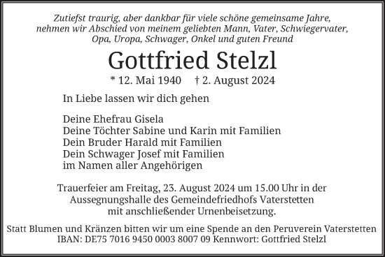 Traueranzeige von Gottfried Stelzl von merkurtz