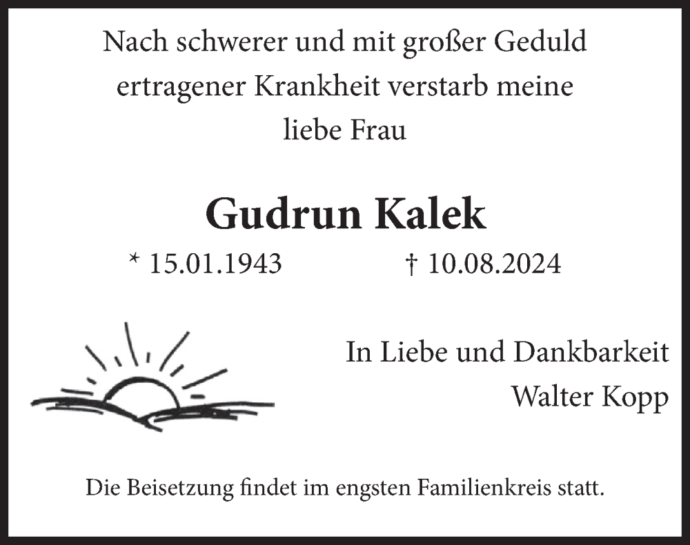  Traueranzeige für Gudrun Kalek vom 31.08.2024 aus merkurtz