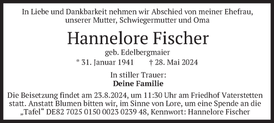 Traueranzeige von Hannelore Fischer von merkurtz