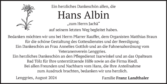 Traueranzeige von Hans Albin von merkurtz