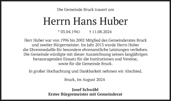 Traueranzeige von Hans Huber von merkurtz