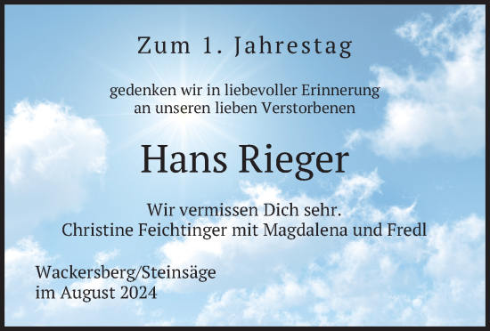 Traueranzeige von Hans Rieger von merkurtz