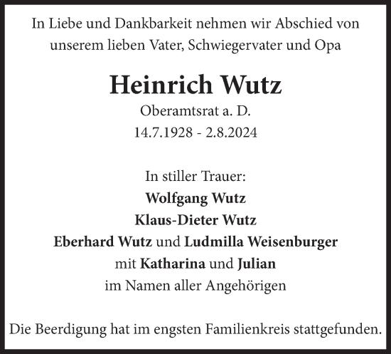 Traueranzeige von Heinrich Wutz von merkurtz