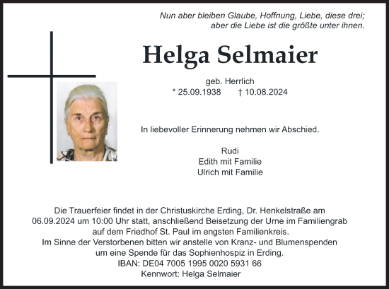 Traueranzeige von Helga Selmaier von merkurtz