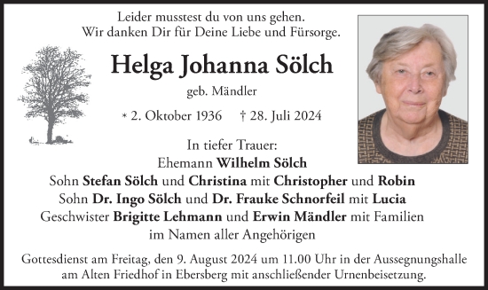 Traueranzeige von Helga Johanna Sölch von merkurtz