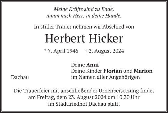 Traueranzeige von Herbert Hicker von merkurtz