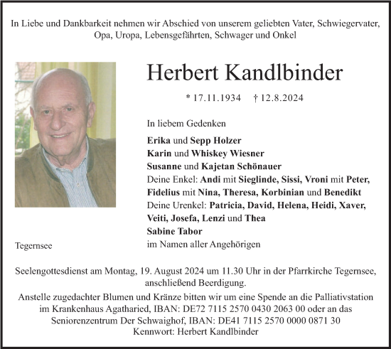 Traueranzeige von Herbert Kandlbinder von merkurtz