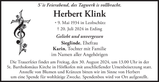 Traueranzeige von Herbert Klink von merkurtz