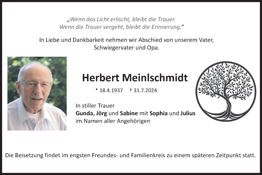  Traueranzeige für Herbert Meinlschmidt vom 10.08.2024 aus merkurtz