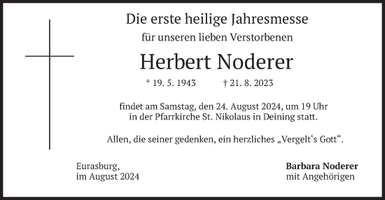 Traueranzeige von Herbert Noderer von merkurtz