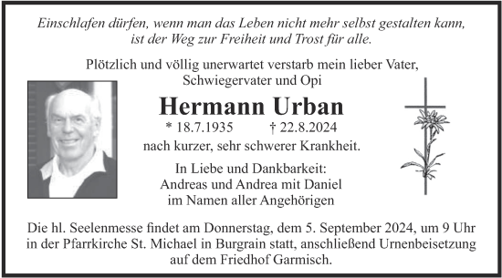 Traueranzeige von Hermann Urban von merkurtz