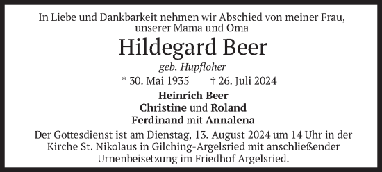 Traueranzeige von Hildegard Beer von merkurtz