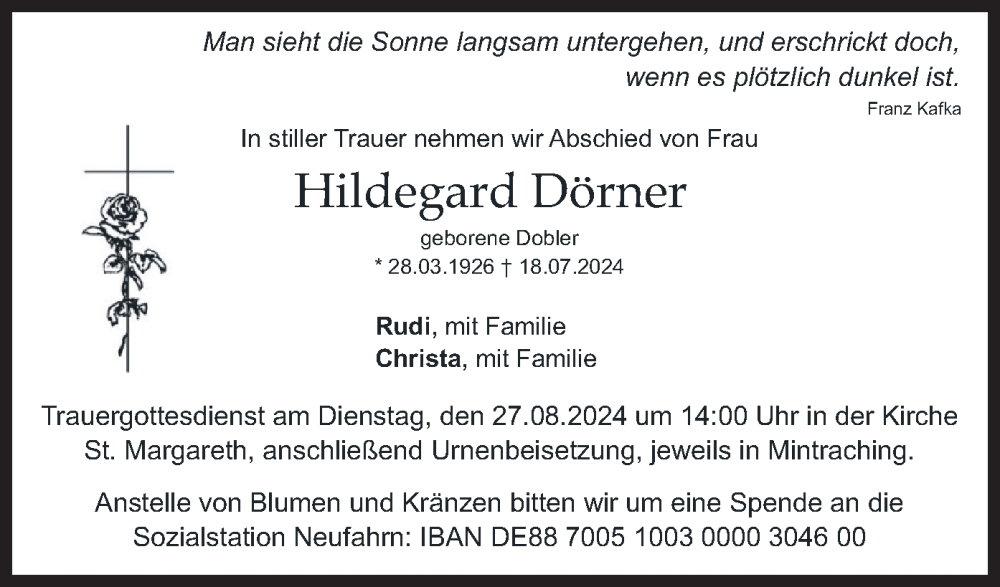  Traueranzeige für Hildegard Dörner vom 17.08.2024 aus merkurtz