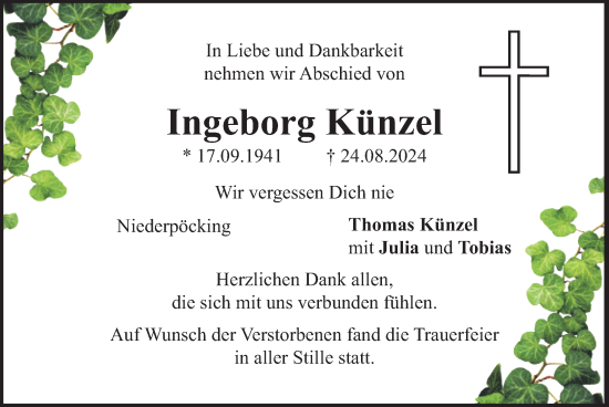 Traueranzeige von Ingeborg Künzel von merkurtz