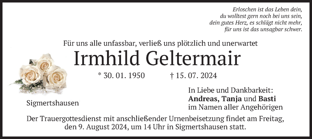  Traueranzeige für Irmhild Geltermair vom 06.08.2024 aus merkurtz