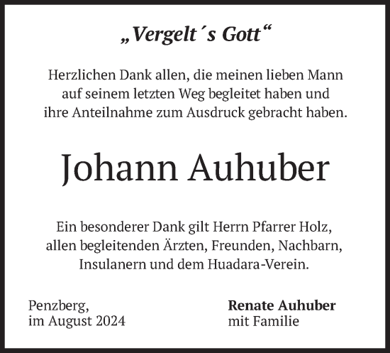 Traueranzeige von Johann Auhuber von merkurtz