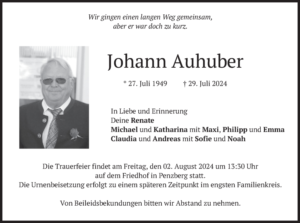  Traueranzeige für Johann Auhuber vom 01.08.2024 aus merkurtz