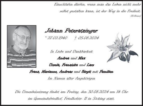 Traueranzeige von Johann Peteratzinger von merkurtz