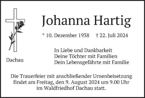 Traueranzeige von Johanna Hartig von merkurtz