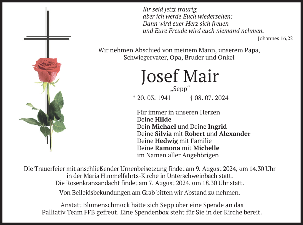  Traueranzeige für Josef Mair vom 03.08.2024 aus merkurtz