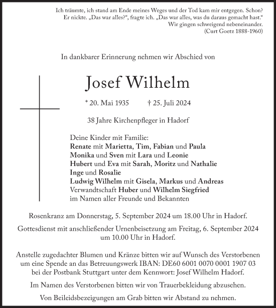 Traueranzeige von Josef Wilhelm von merkurtz