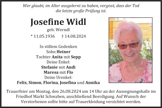 Traueranzeige von Josefine Widl von merkurtz