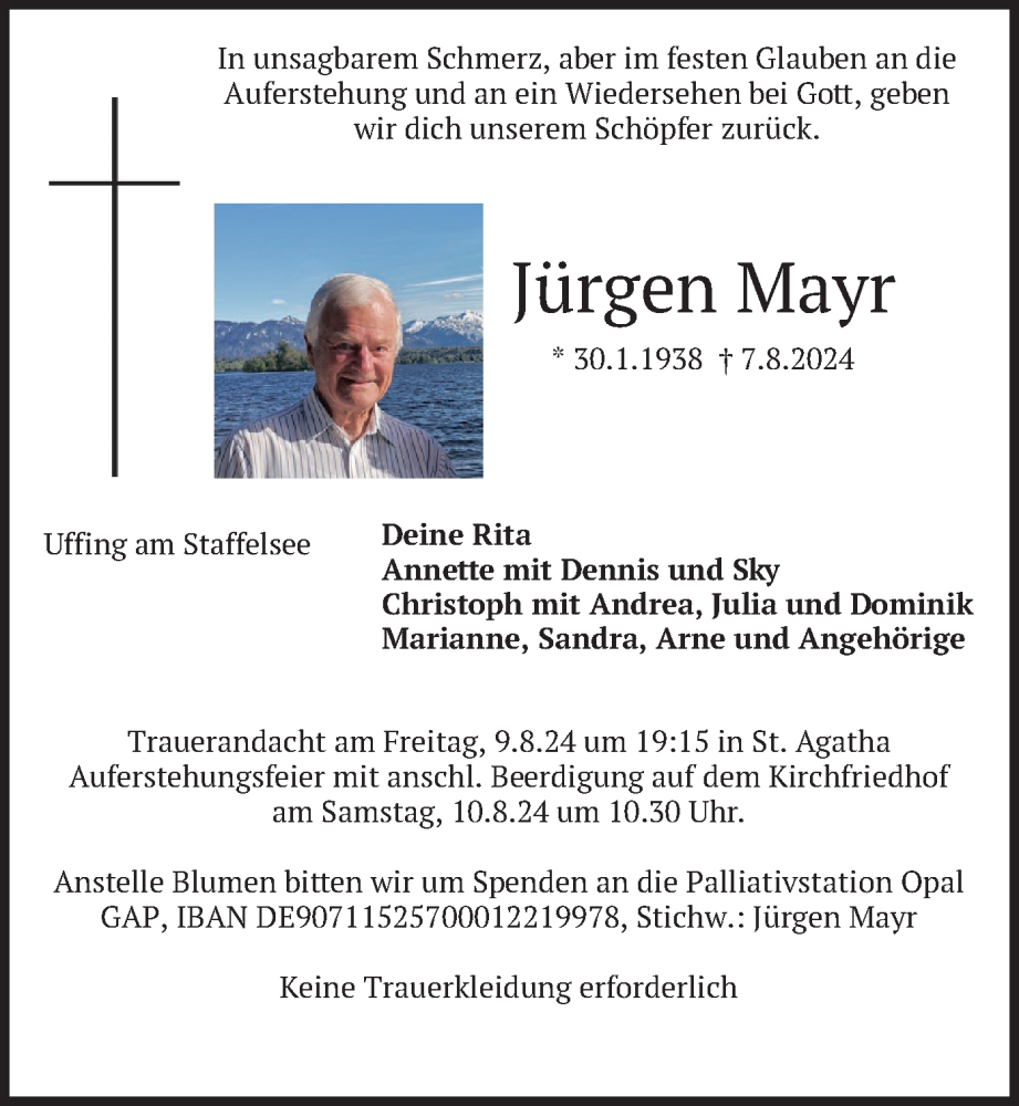  Traueranzeige für Jürgen Mayr vom 09.08.2024 aus merkurtz