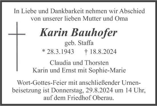 Traueranzeige von Karin Bauhofer von merkurtz