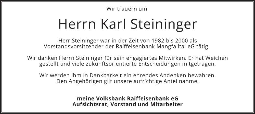  Traueranzeige für Karl Steininger vom 31.08.2024 aus merkurtz