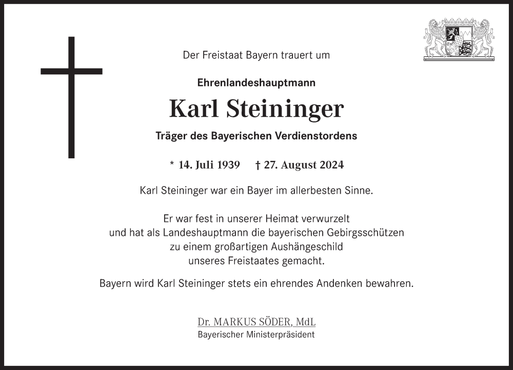  Traueranzeige für Karl Steininger vom 31.08.2024 aus merkurtz