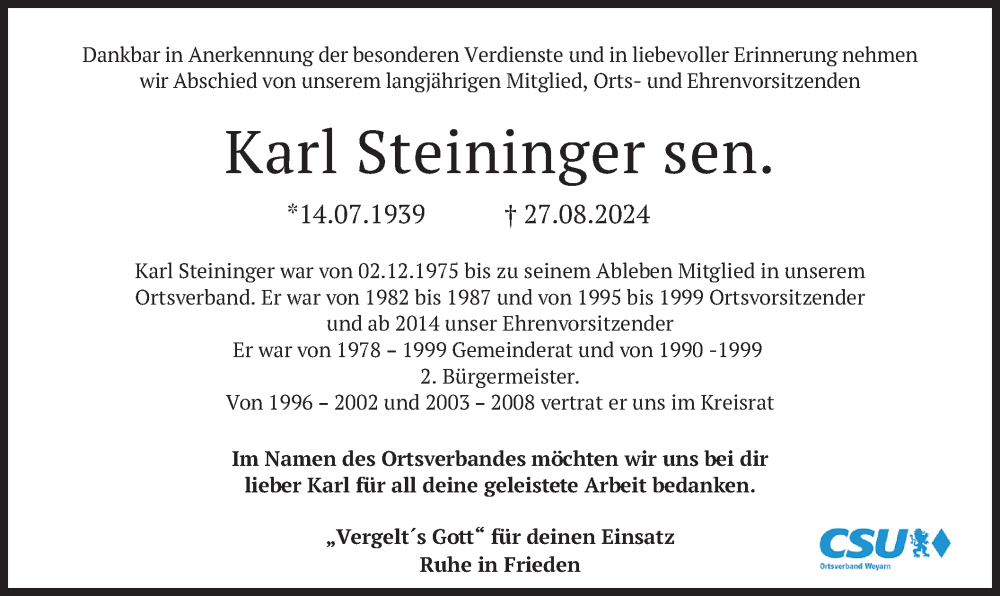  Traueranzeige für Karl Steininger vom 30.08.2024 aus merkurtz