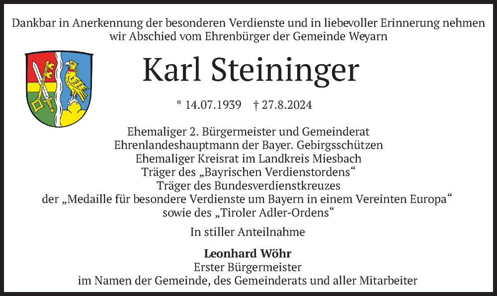 Traueranzeige für Karl Steininger vom 29.08.2024 aus merkurtz