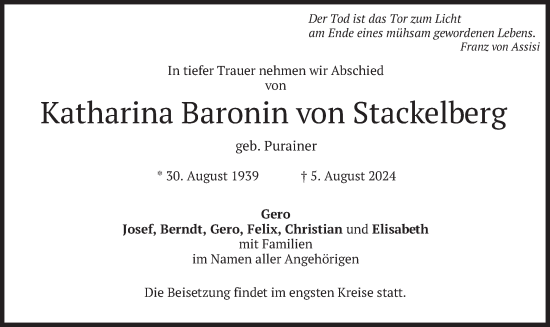 Traueranzeige von Katharina  Baronin von Stackelberg von merkurtz