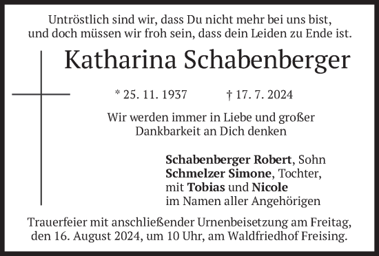 Traueranzeige von Katharina Schabenberger von merkurtz