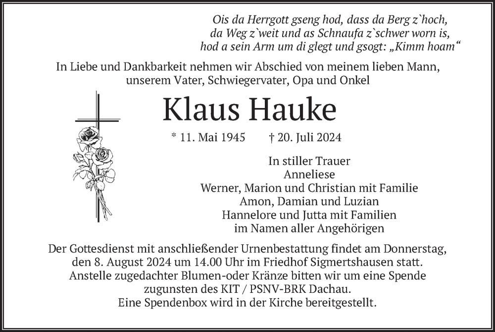  Traueranzeige für Klaus Hauke vom 03.08.2024 aus merkurtz