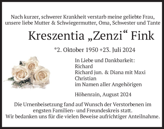 Traueranzeige von Kreszentia  Fink von merkurtz